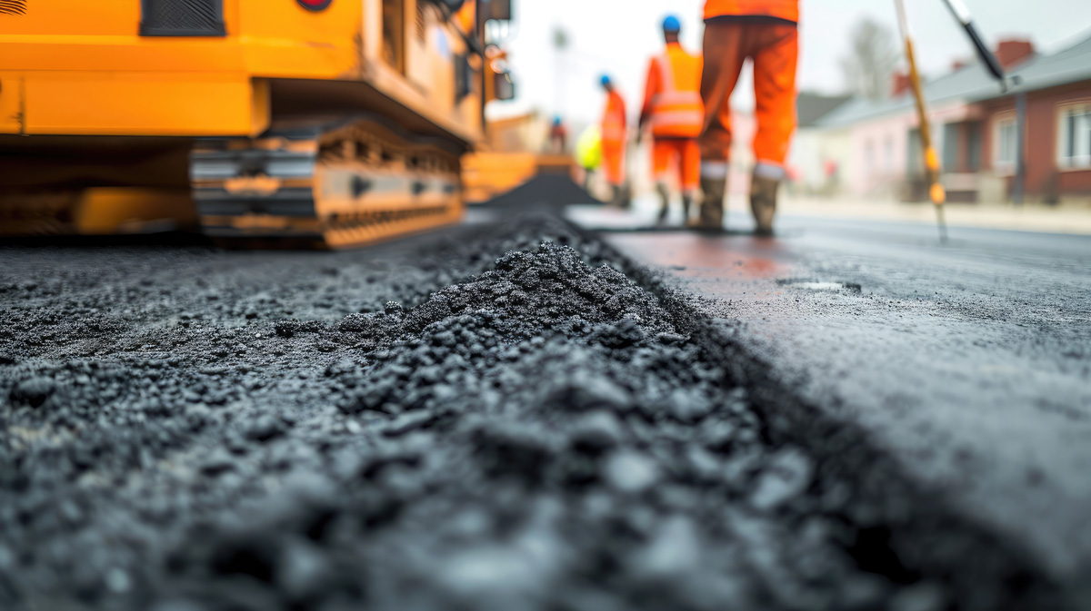 A close-up image of asphalt that has just been poured with a yellow roller on top of it in Carlsbad.